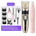 Electric pet hair cutter set with original cutter head, steel comb, black scissors, and pedicure device on white background