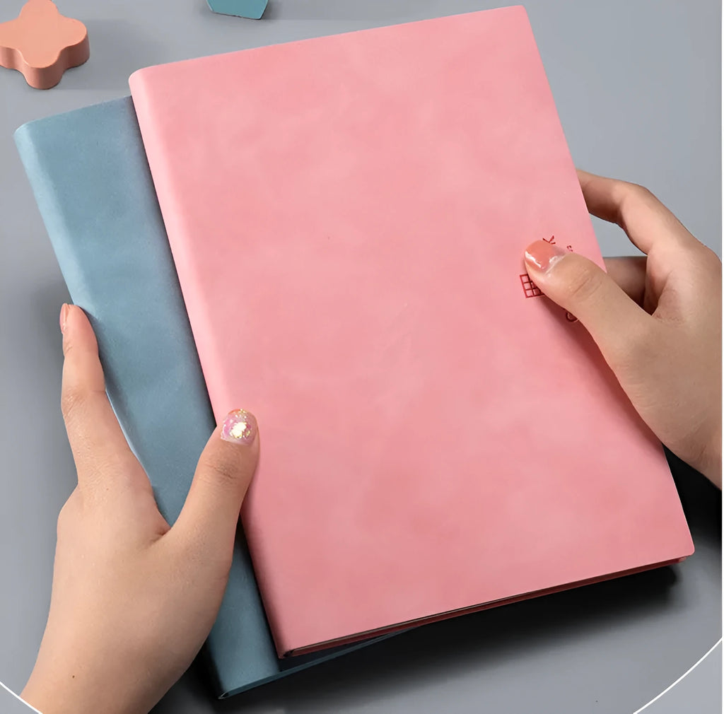 PU cover hand painted square grid notebook in lake blue, A5 size, with locking plastic binding