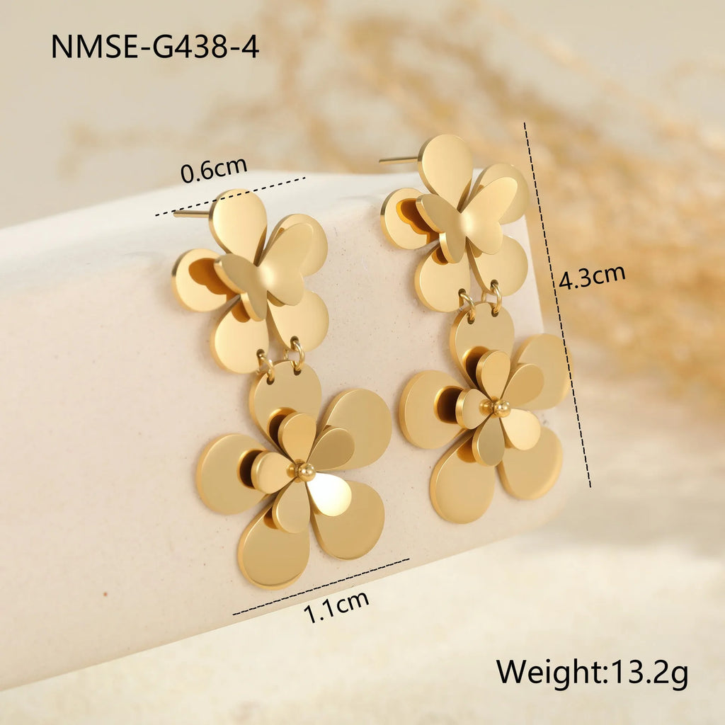 Gold electroplated flower butterfly earrings for women with stainless steel construction