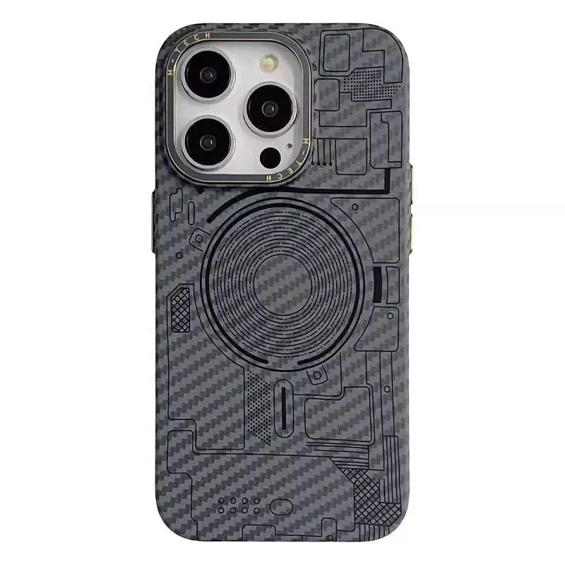 PC phone case with carbon fiber grain texture, Graphite Black colour, magnetic ring visible, for iPhone series.