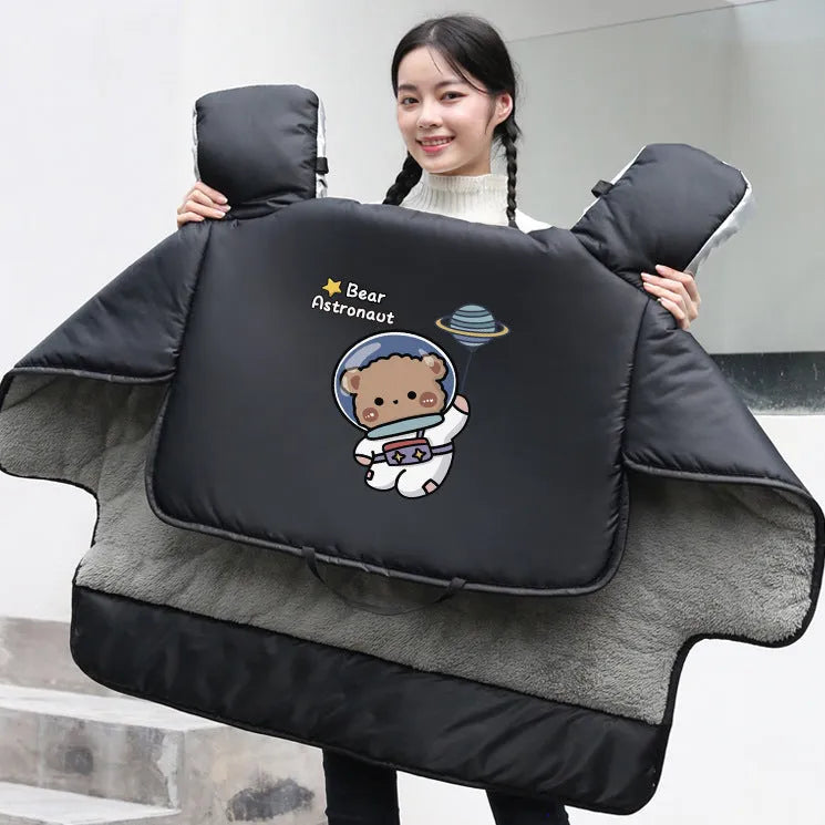 Electric vehicle windshield cover with thick velvet insulation in black colour lying on windscreen
