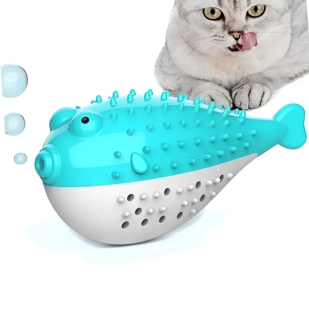 Silicone fish-shaped cat chew toy in selected colour with textured surface for dental cleaning and grabing play