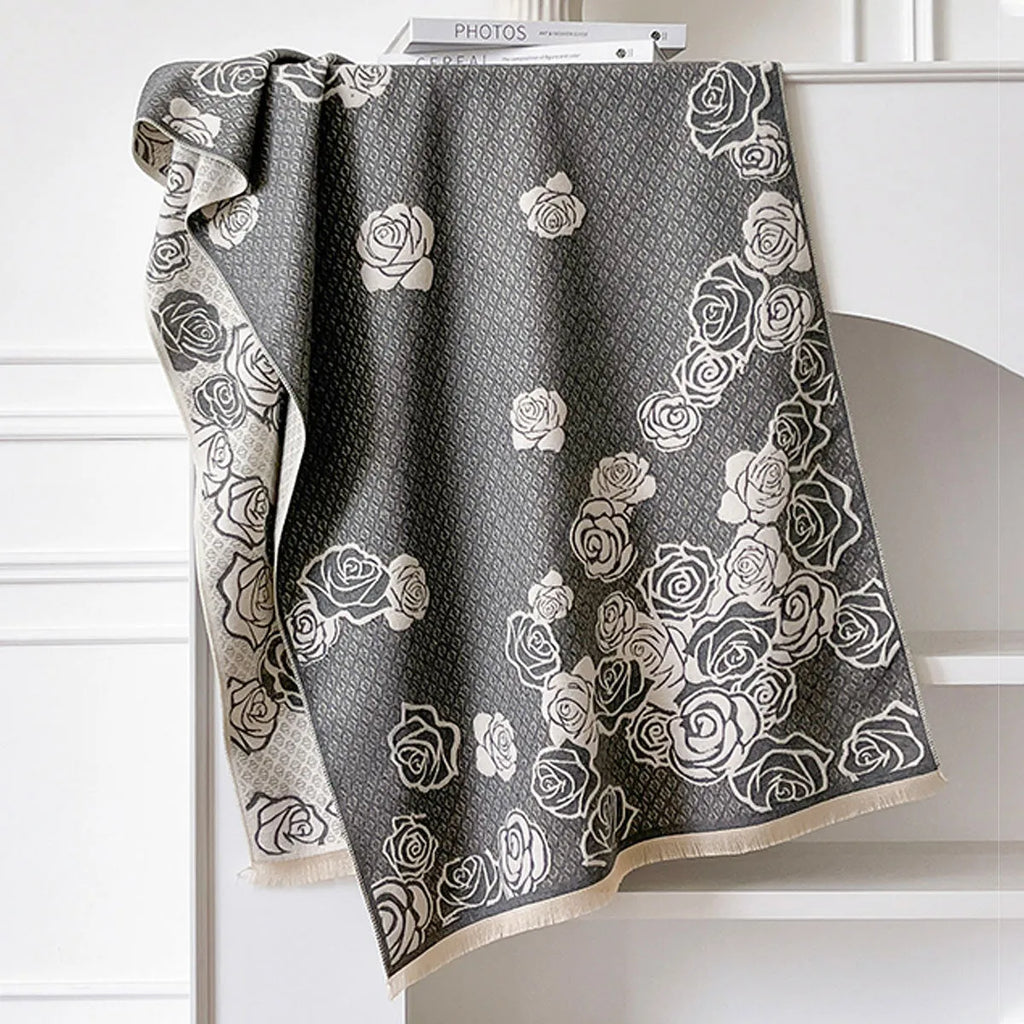 Cashmere-like winter scarf with tassel trim in four colour options showing dimensions of 185cm by 65cm