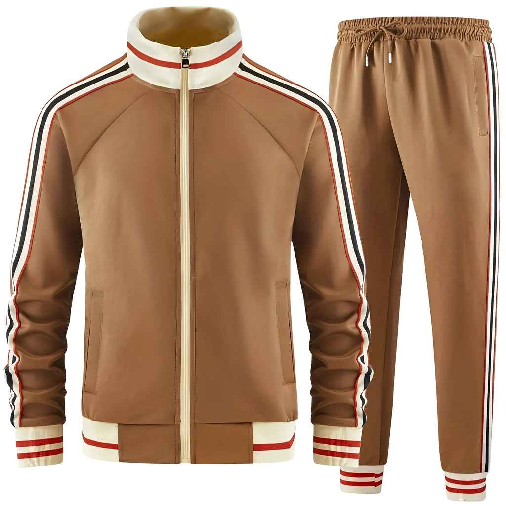 Khaki coloured polyester turtleneck zipper cardigan and matching trousers laid flat as a two-piece suit.