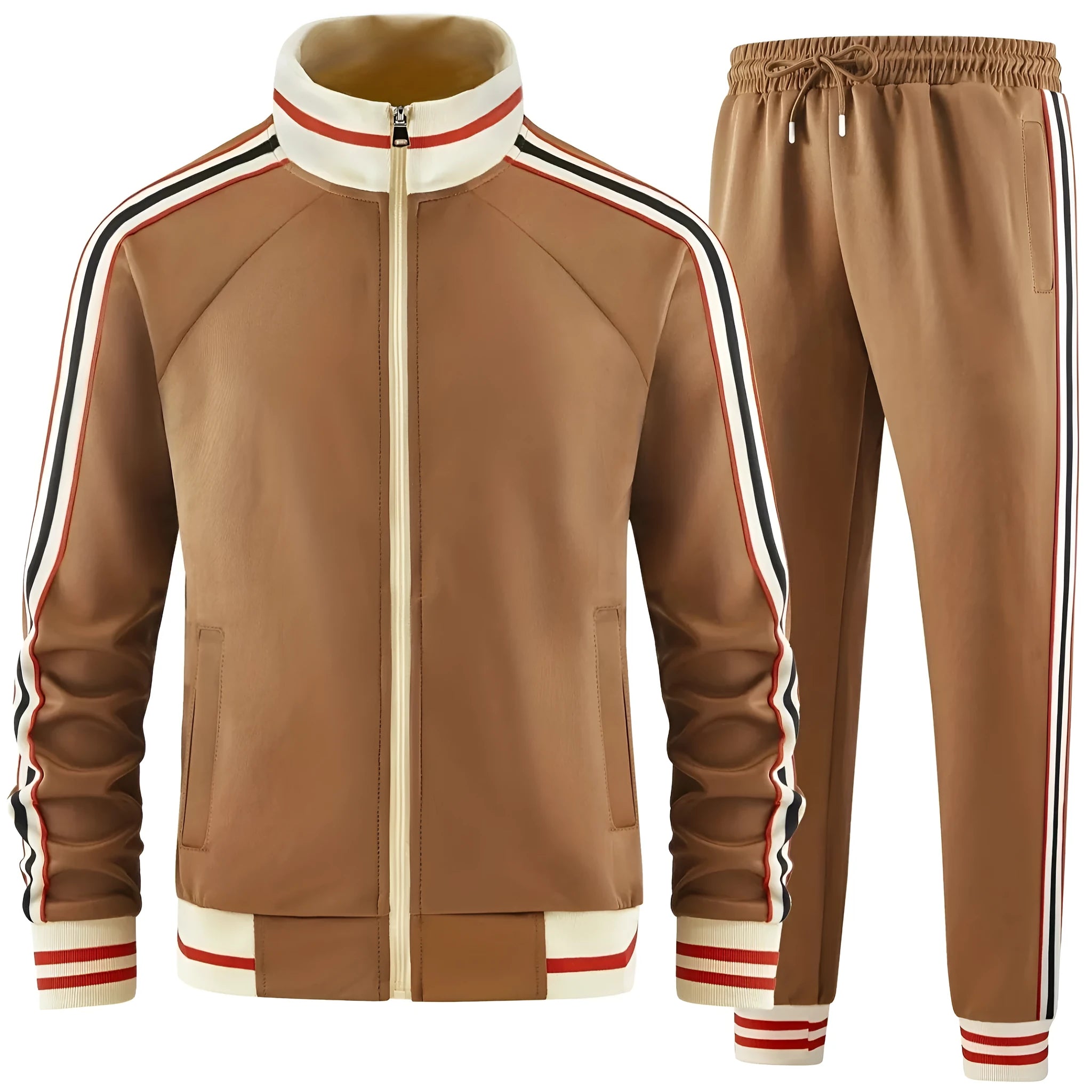 Khaki coloured polyester turtleneck zipper cardigan and matching trousers laid flat as a two-piece suit.