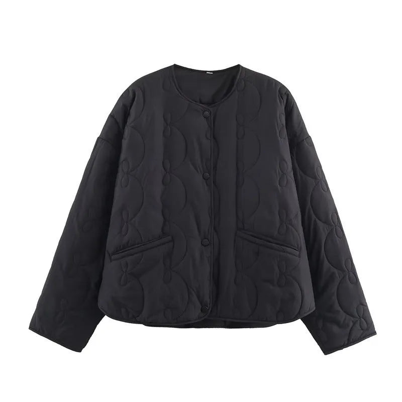 Women's bow quilted coat in polyester, straight cut, medium thickness, black colour, regular sleeves