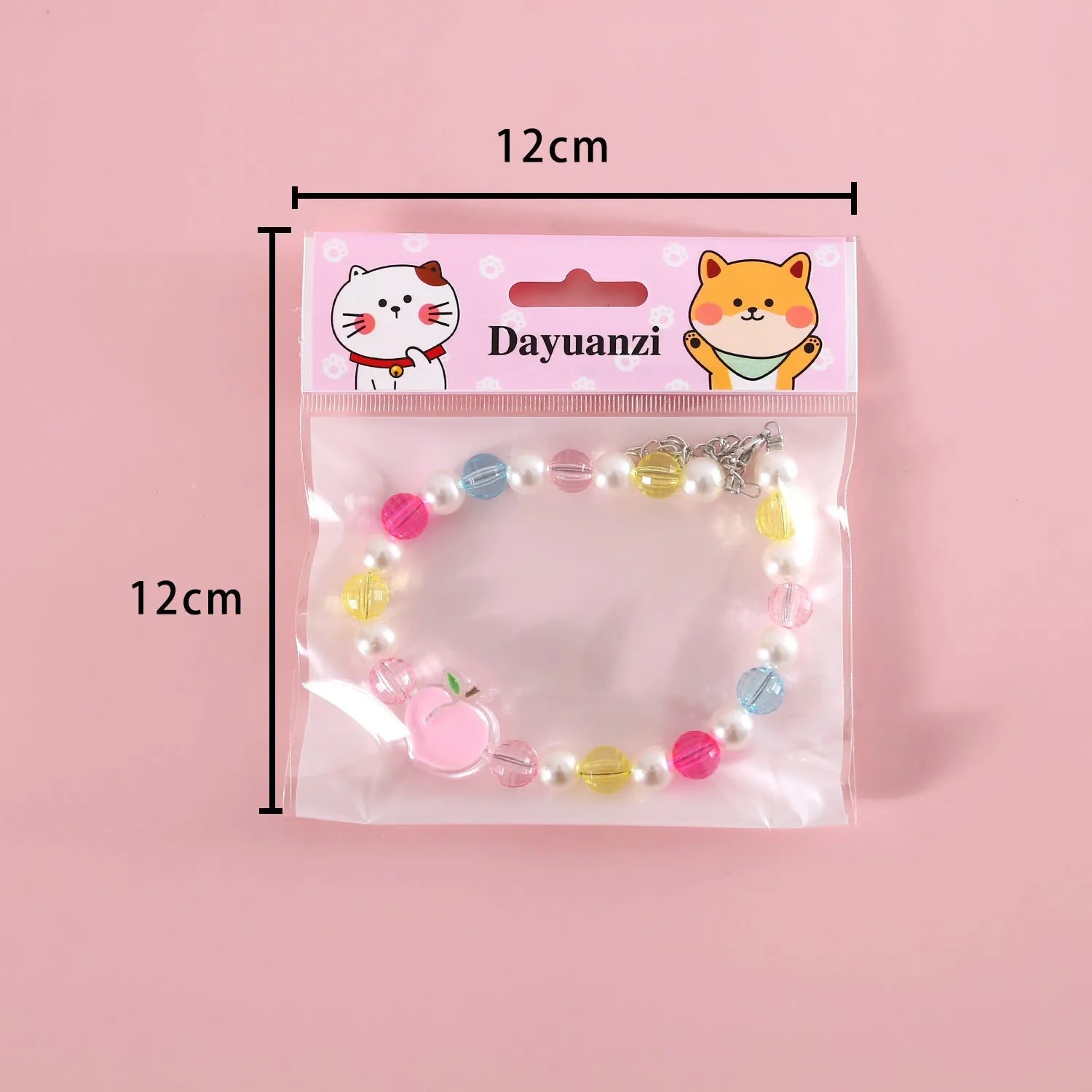 Colourful plastic pearl necklace for small pets on a white background, showing peach, rainbow, and small flower bead design options.