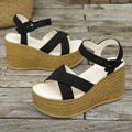 Women's wedge sandals with hemp heels, non-slip cross-strap, and hollow-out lamb pulp upper in army green