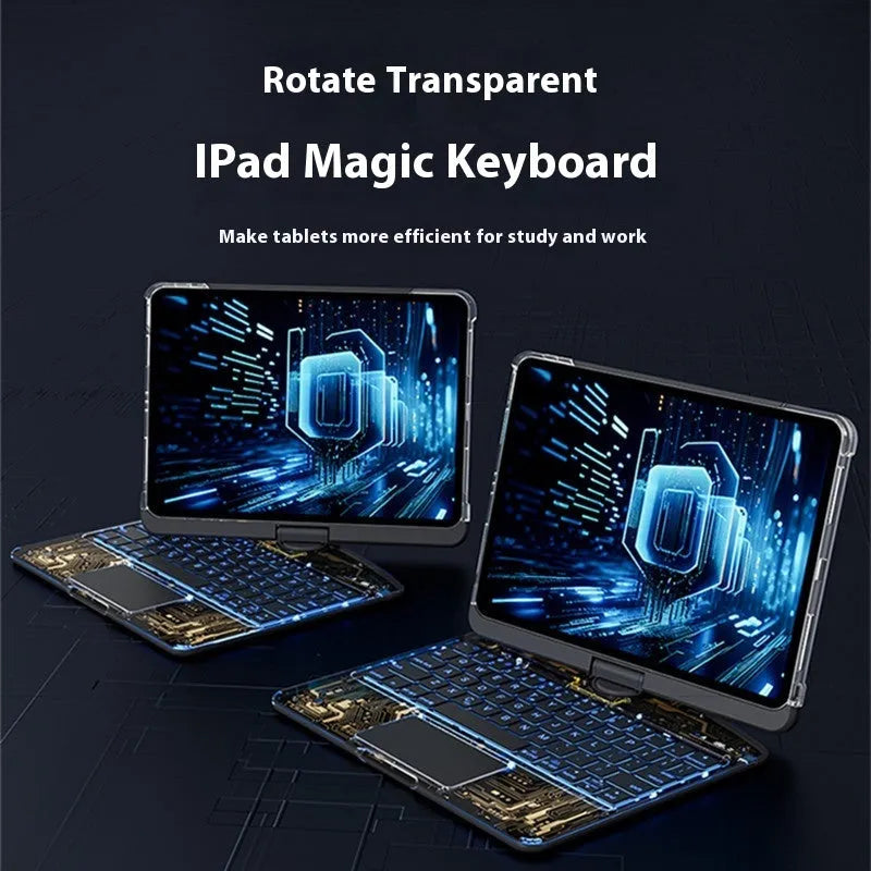 360 swivel transparent keyboard case for iPad with trackpad and telescopic pen slot