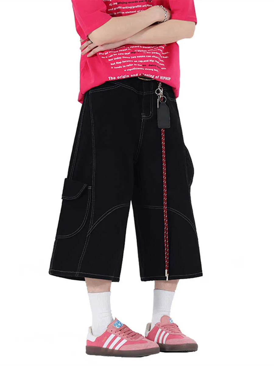Women's retro multi-pocket denim shorts in wide leg cropped style