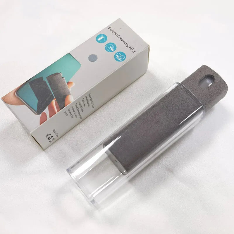 Portable all-in-one screen cleaner with integrated spray and microfiber wipe, 10ml fluid, 9cm size