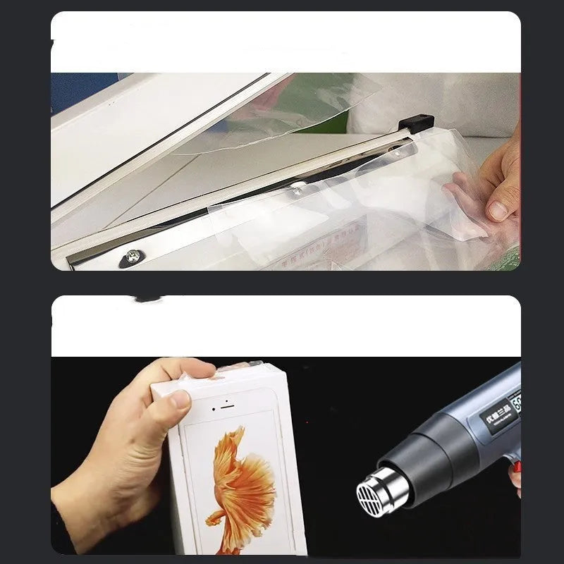 Heat film heat shrinkable bag sealing machine with 40cm sealing length and hot air gun on a workbench
