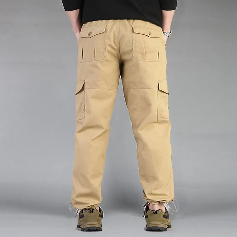 Men's loose fit spring autumn outdoor overalls in khaki cotton blend with zip placket fly