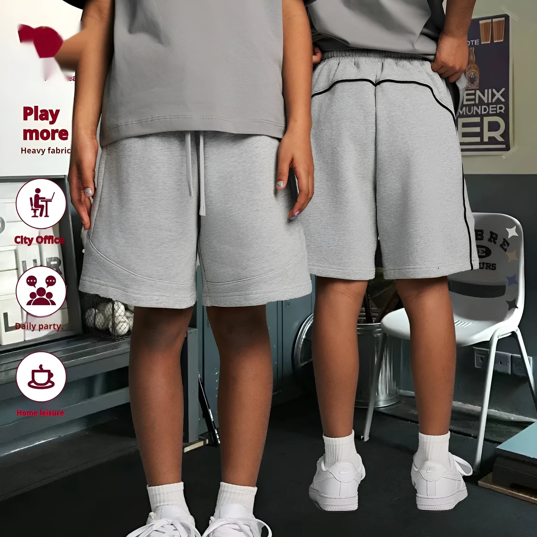 Solid colour cotton children's sports shorts in loose fit design available in multiple sizes