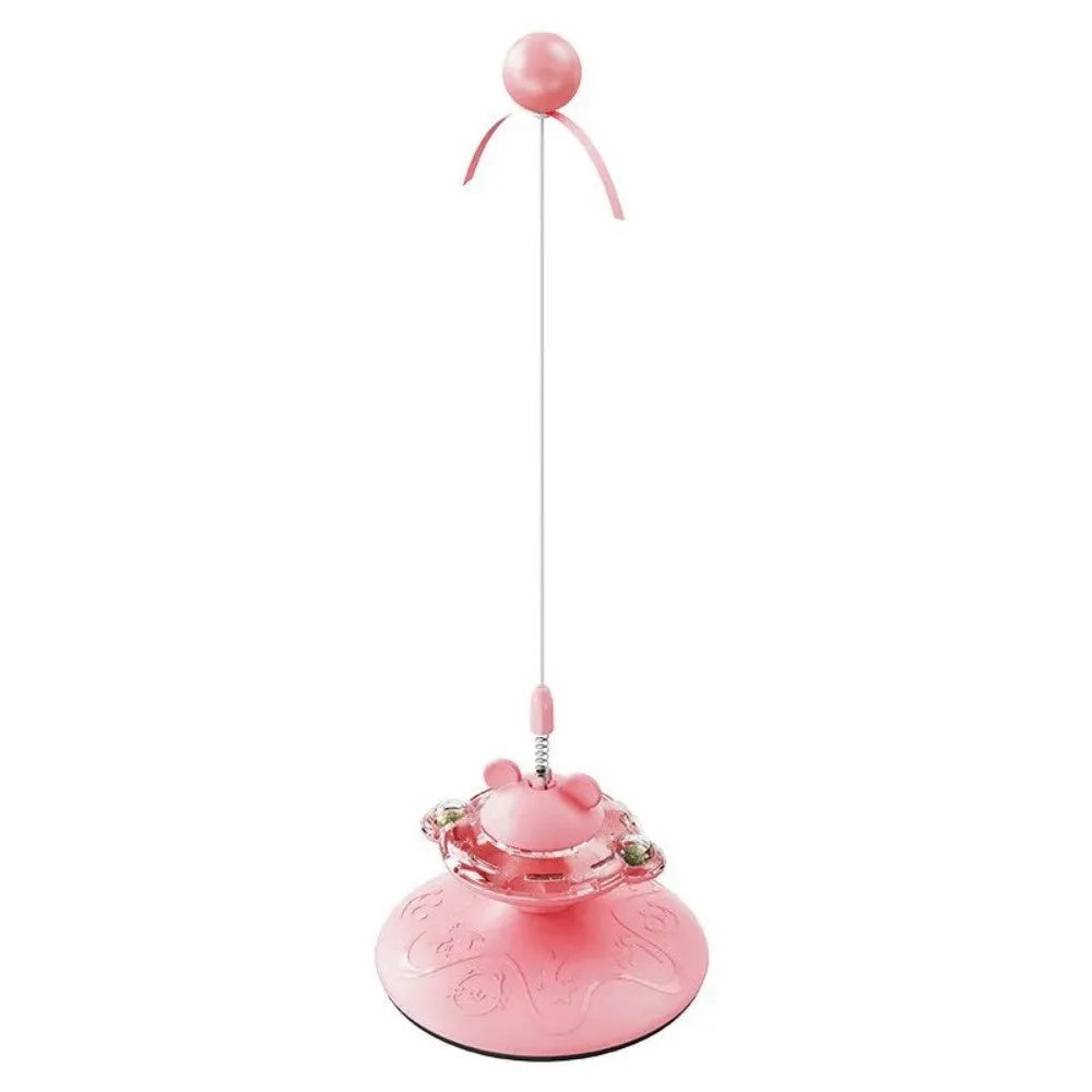 Cat teaser wand with suction cup spring toy in three colours: pink, purple, yellow, measuring 13x13x36 cm
