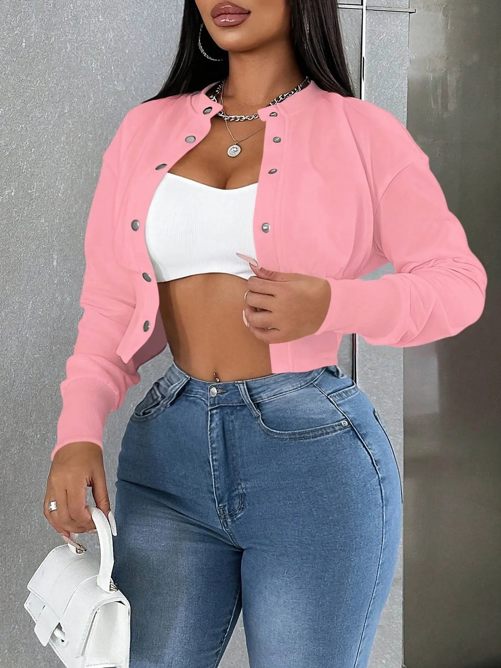 Women's single-breasted polyester slim fit casual jacket in pink with long sleeves and button front