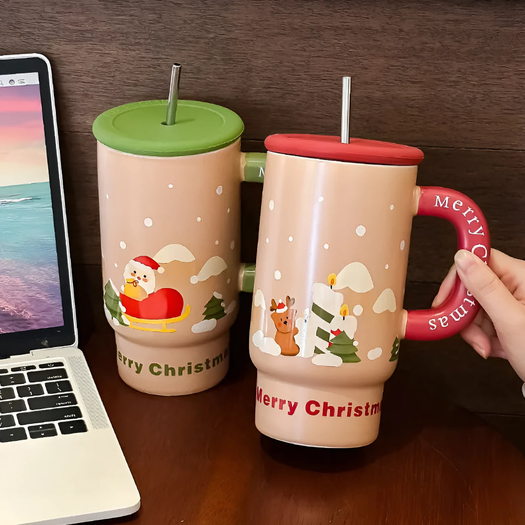 Large capacity 800ml white porcelain Christmas mug with cartoon pattern and red elk design on rustic background