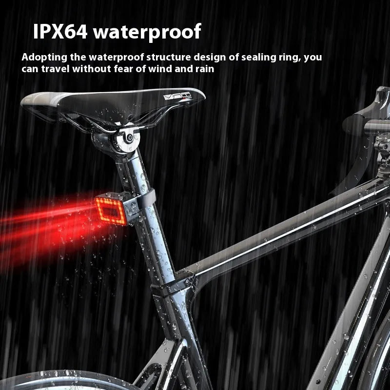 Compact black radar bicycle taillight with dual brackets and a TYPE-C charging port on a bike seat post.
