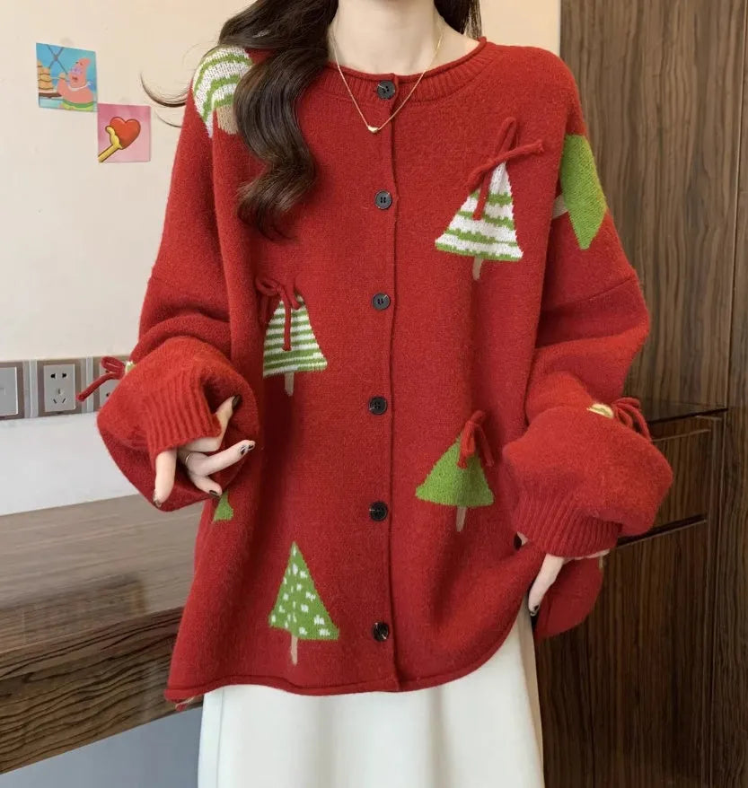 Women's Christmas tree red polyester sweater coat with long sleeves and a loose, regular-length silhouette