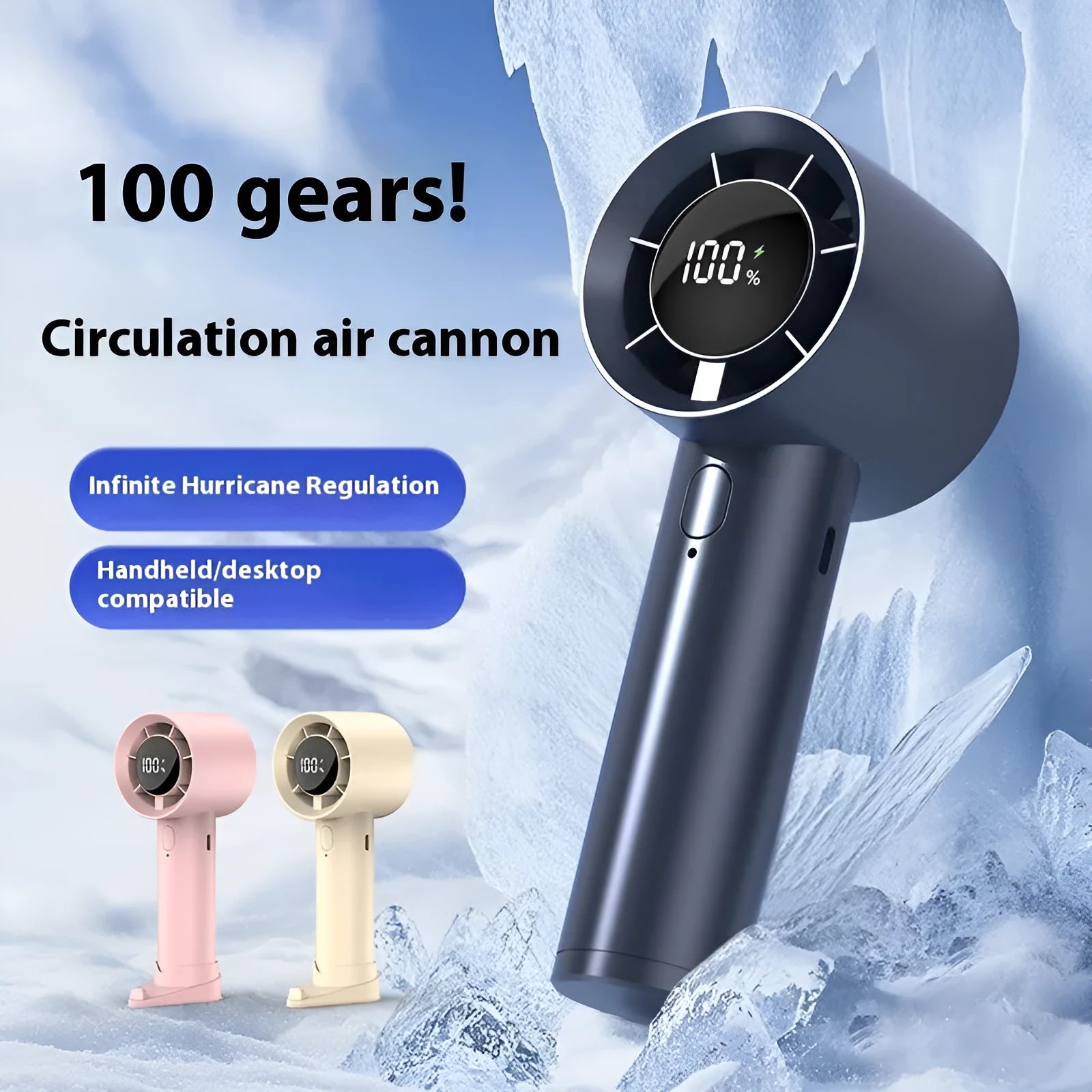 Handheld digital display fan in khaki with six speed modes and USB port
