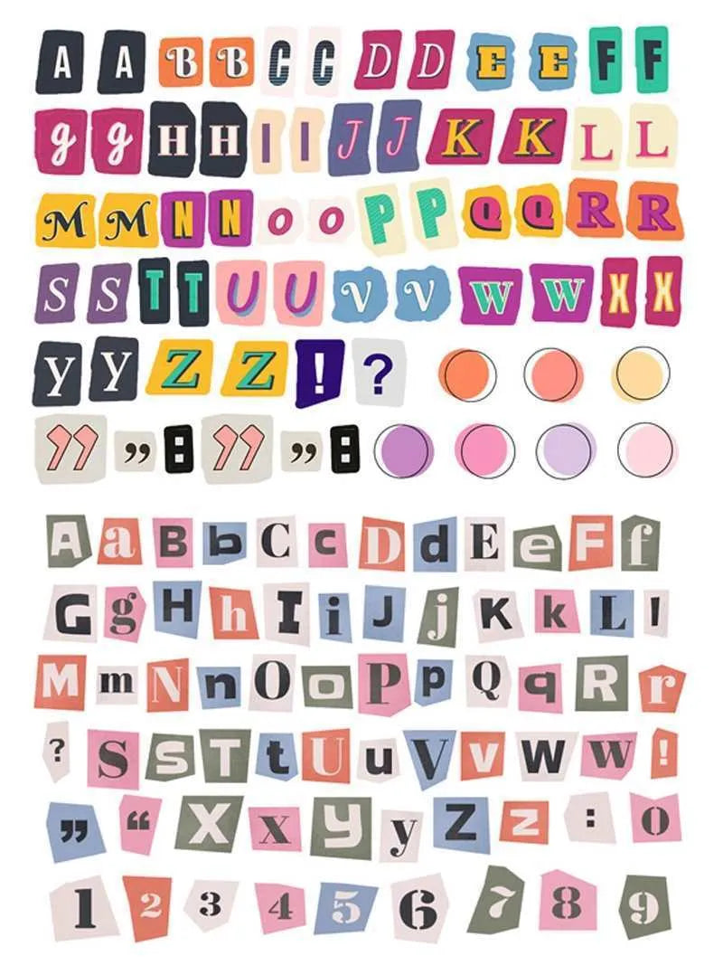 Set of English letter and number stickers with weekly words in printed cute style for crafts
