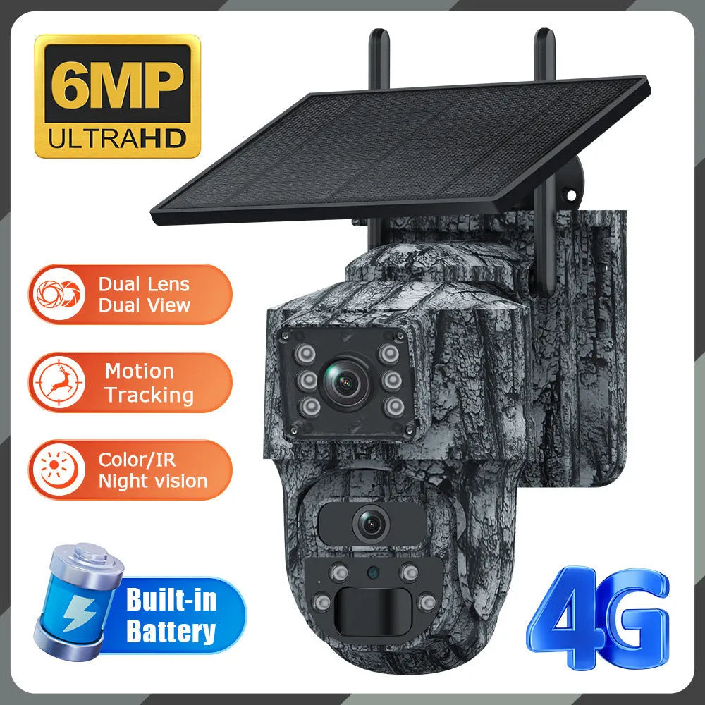 Solar surveillance camera 6MP HD dual screen IP66 waterproof with solar panel and built-in lithium battery, dimensions 190*205*160mm