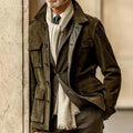 Men's solid colour multi-pocket trench coat in army green, polyester blend, front view