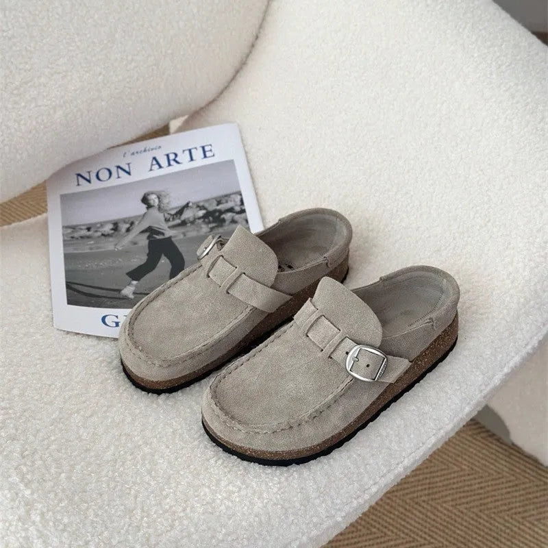 Unisex cow suede mule slippers with cork sole in sand gray colour, side view