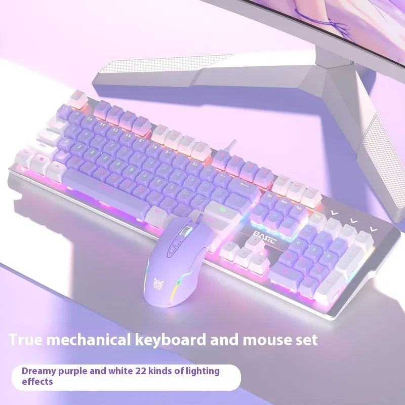 Purple and white mechanical keyboard and mouse suit set with backlight illumination