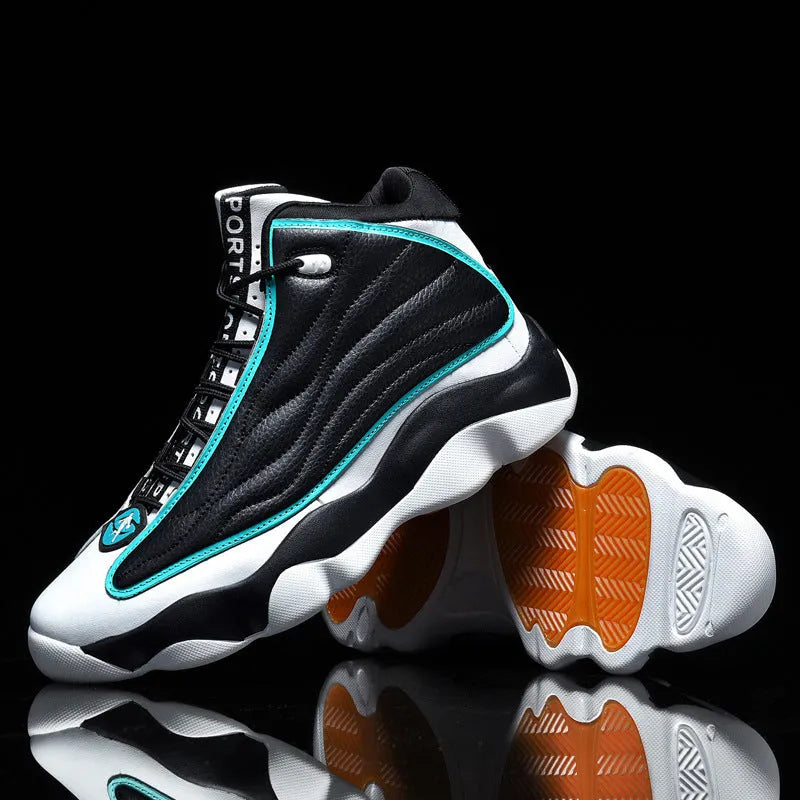 High-top basketball shoes in AJ13 colours with mesh upper and thick rubber sole on a white background
