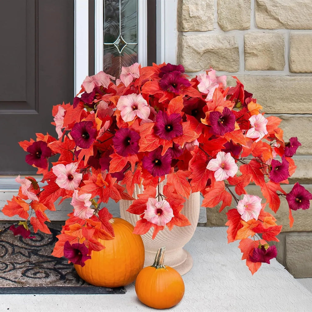 Plastic and silk artificial flower bouquet with 12 metal fork stems for outdoor garden decoration.