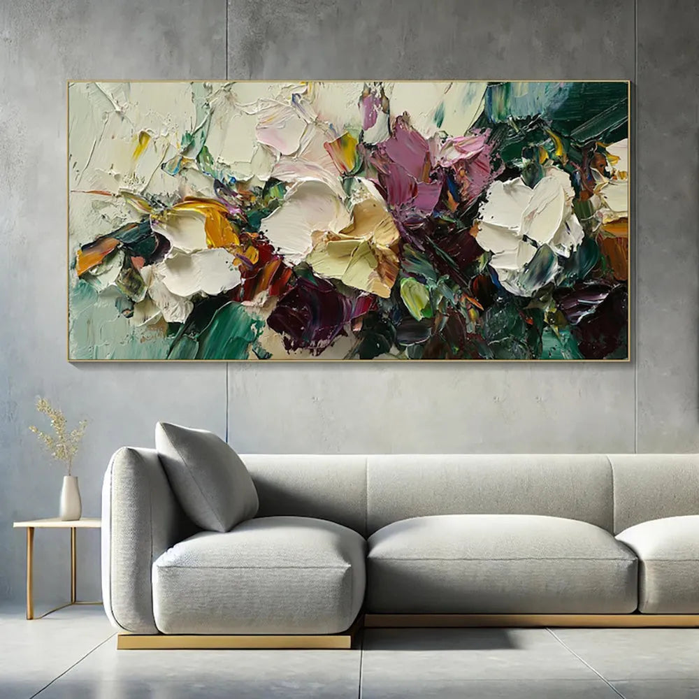 Handmade flowers field oil painting canvas artwork, modern horizontal design, rolled frameless
