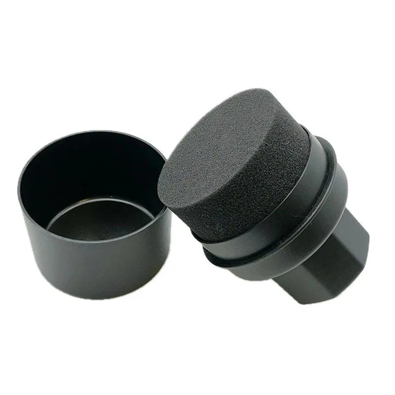 Black car tyre polishing sponge brush with handle and lid, showing dense sponge for applying tyre dressing.