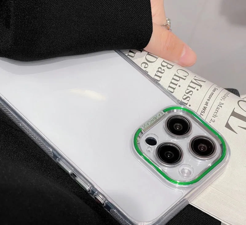 Freezing Point transparent acrylic phone case with embossed finish for iPhone, showing anti-fall all-inclusive design