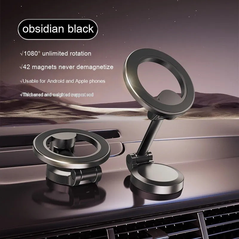 All-metal foldable magnetic car phone mount in Qian colour on a car dashboard.