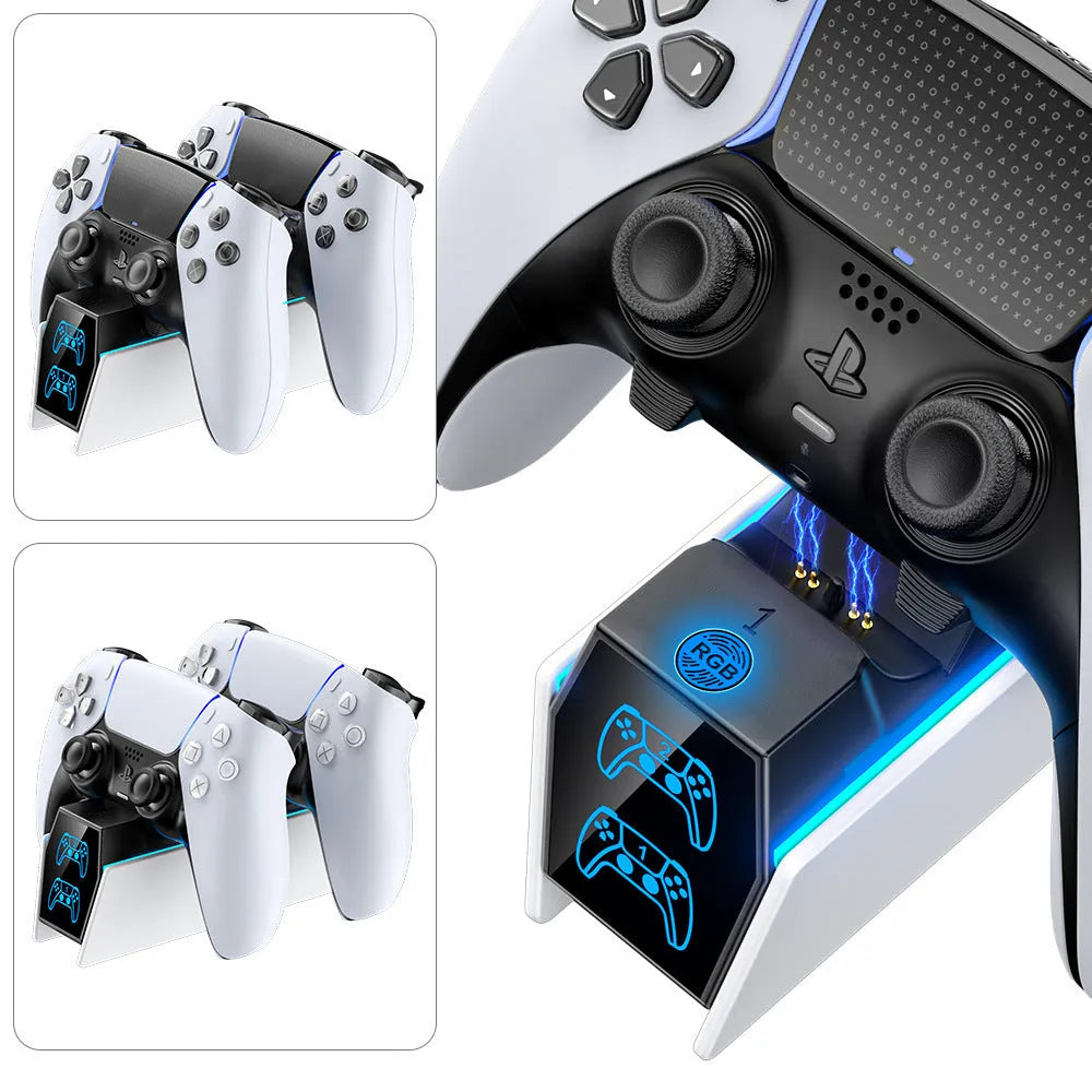 White PS5 wireless handle charger with RGB LED light and fixed dock for PS5 controller
