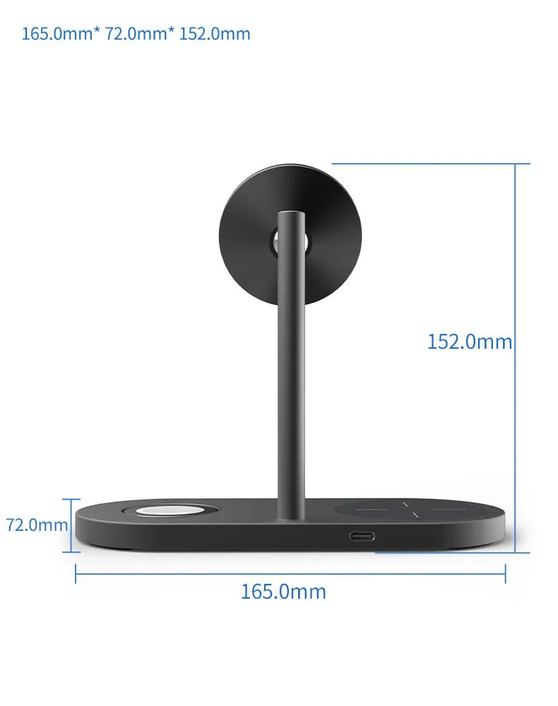 Three-in-one magnetic wireless charger with aluminium alloy body in gray finish, charging a smartphone and watch
