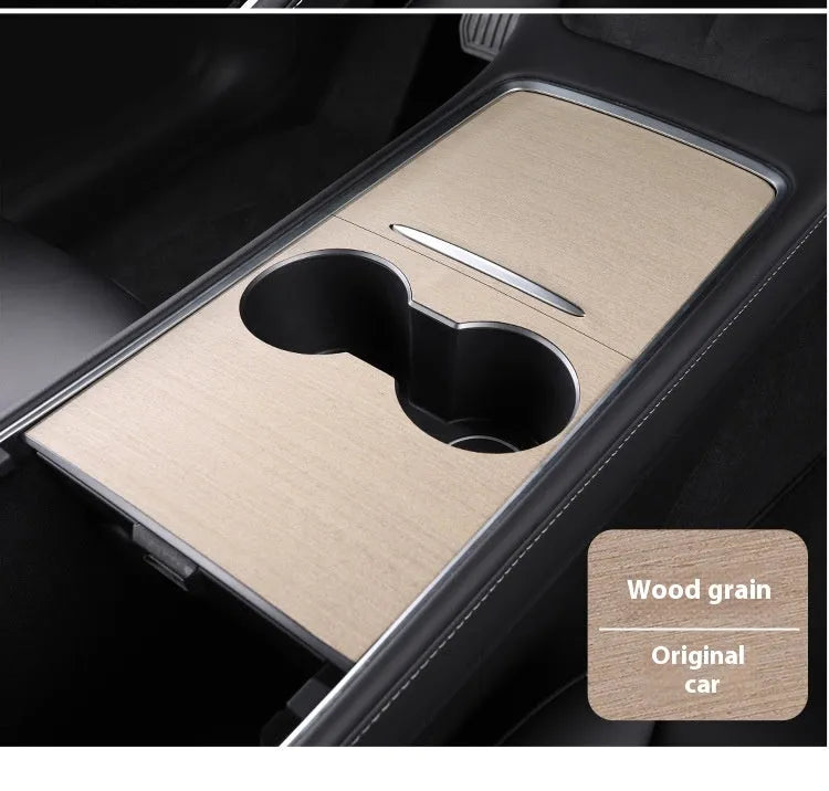 Car central control panel film in PC, shown in wood grain, white glossy, pink glossy, wine red glossy and matte black options.