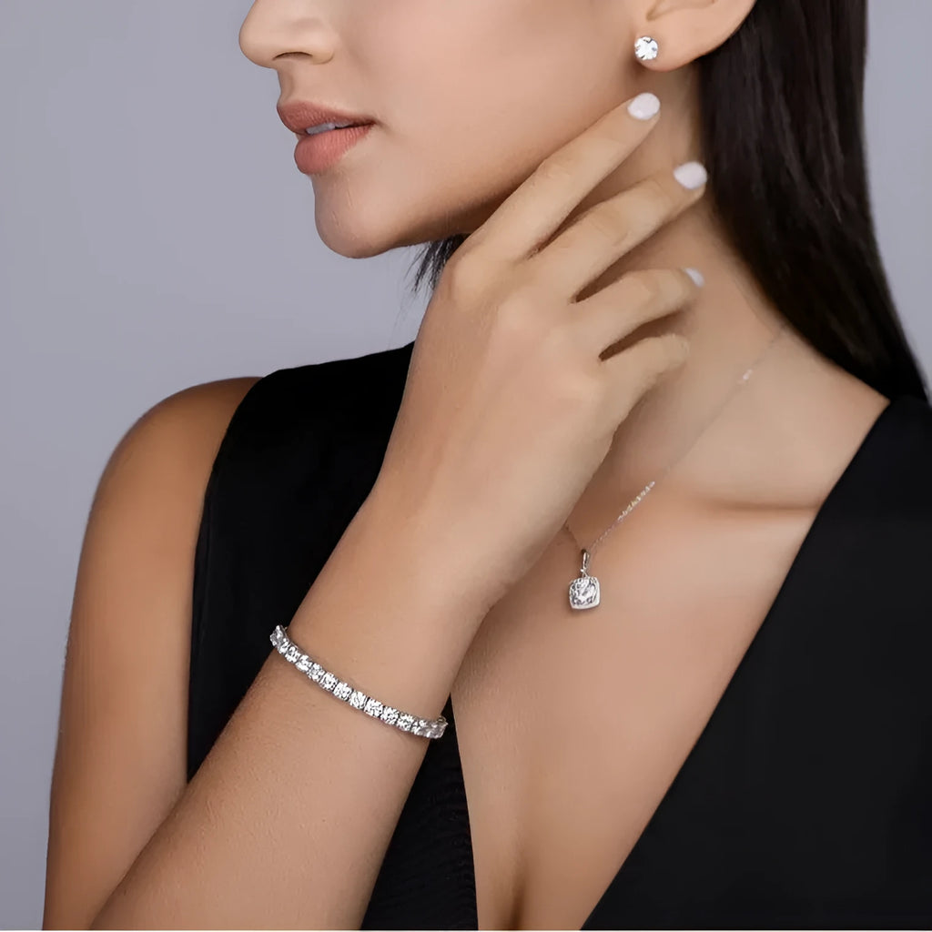 S925 silver moissanite tennis bracelet on wrist, unisex geometric lace design, round stones