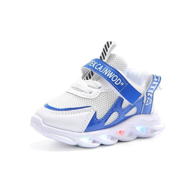 Children's luminous shoes in red and blue with mesh webbing and artificial leather upper, sizes 21-30.