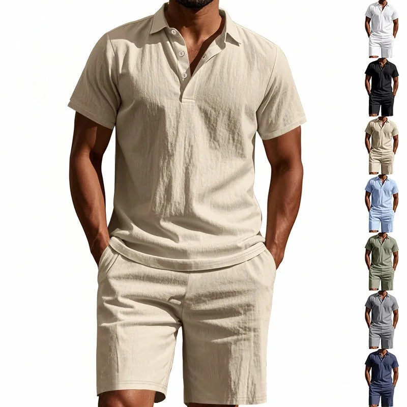 Men's loose linen blend summer suit set in apricot colour, showing short sleeve shirt and matching shorts.