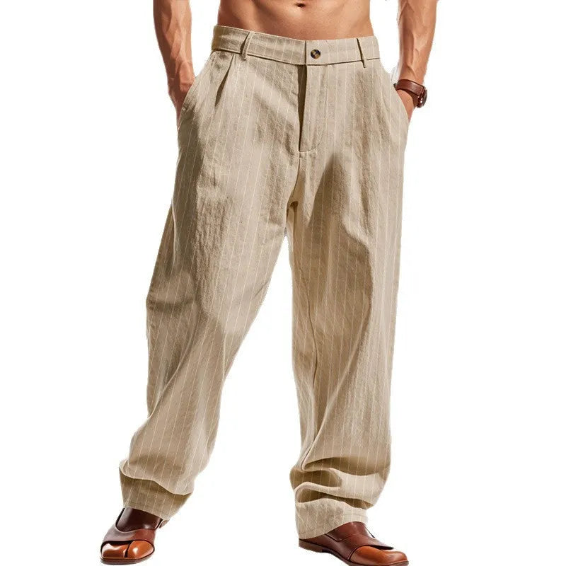 Men's linen striped high waist wide leg loose trousers in light khaki with button fly