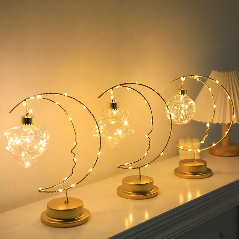 Iron art moon indoor decoration small night light with warm USB power and star design