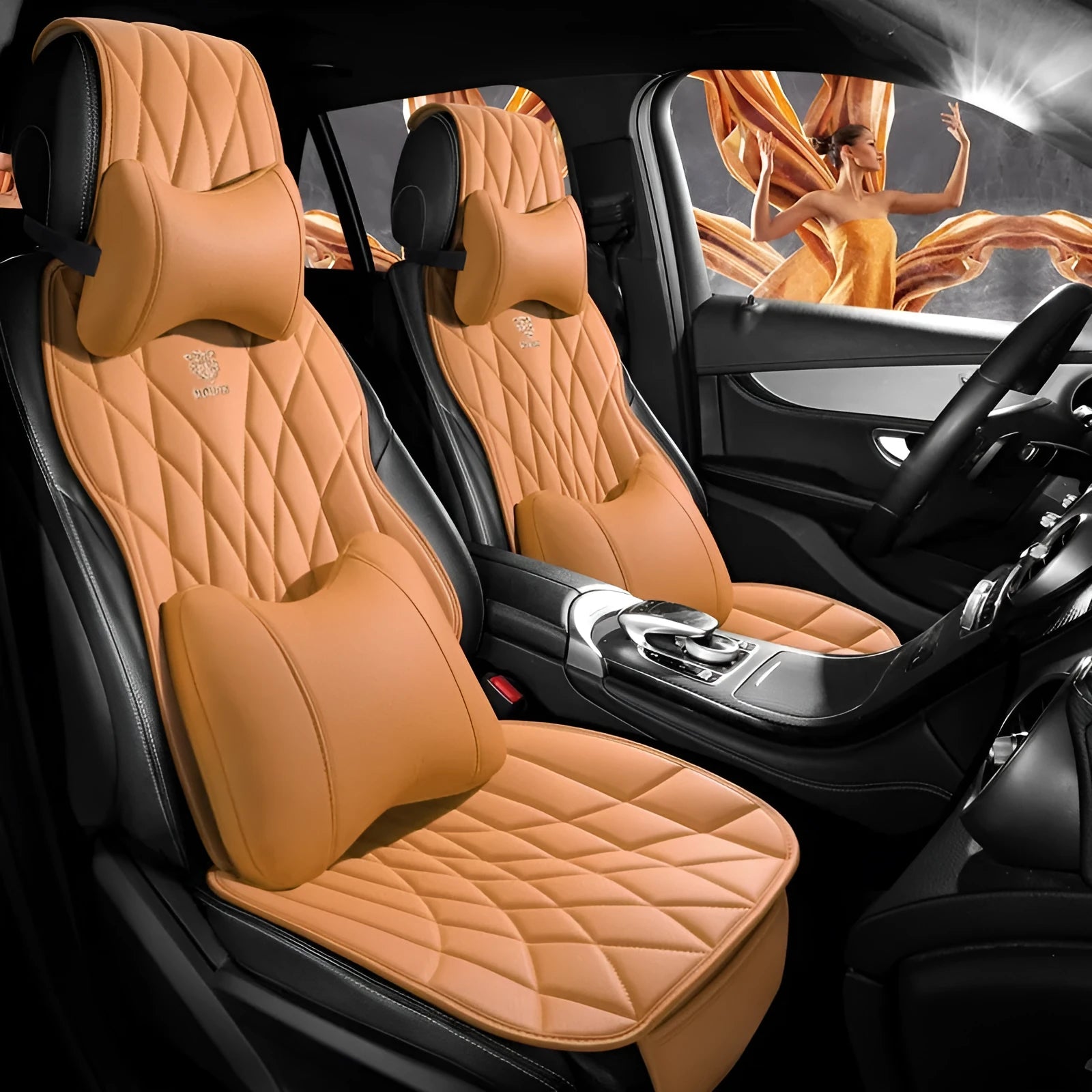 Amber Yellow artificial leather semi-surrounded five-seat car seat cover with split front row and rear bench cushion