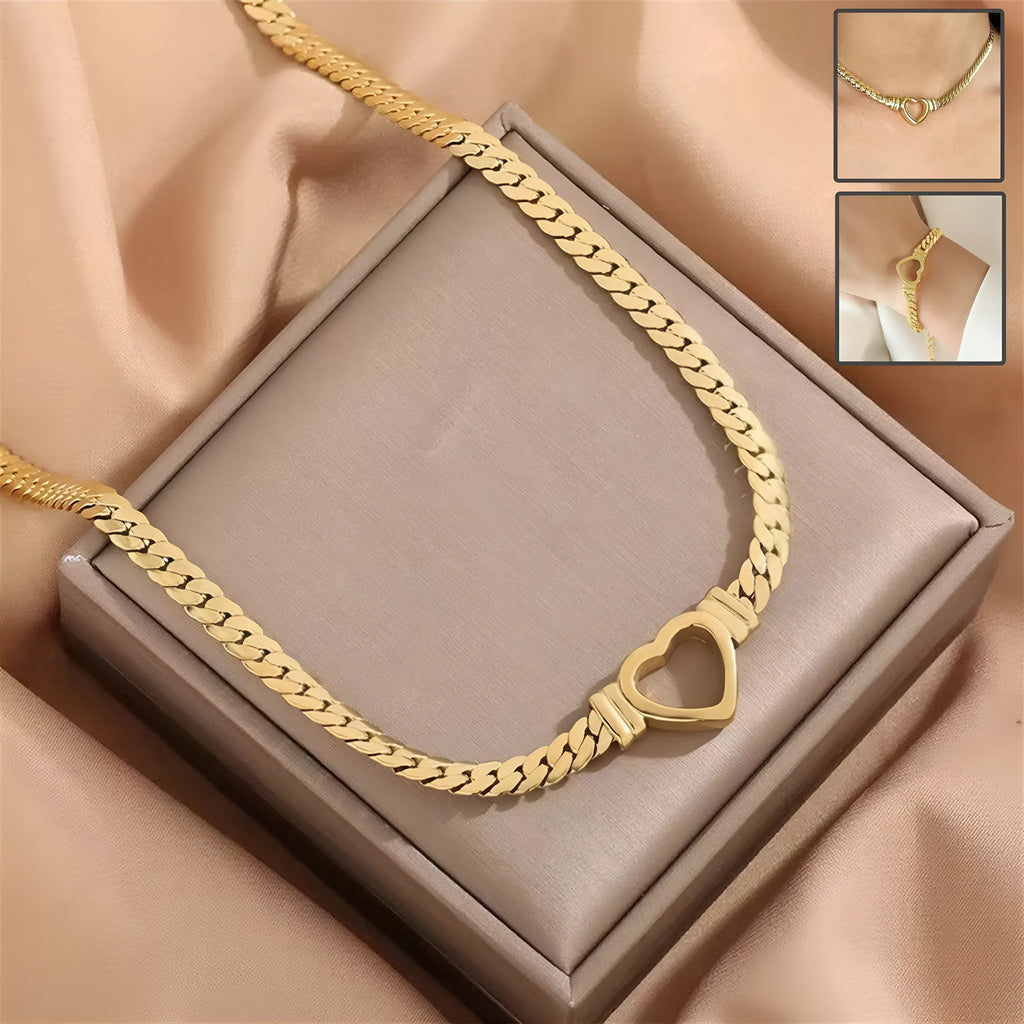 Gold titanium steel personalised love chain necklace and bracelet set with Cuban links and heart shape on white background
