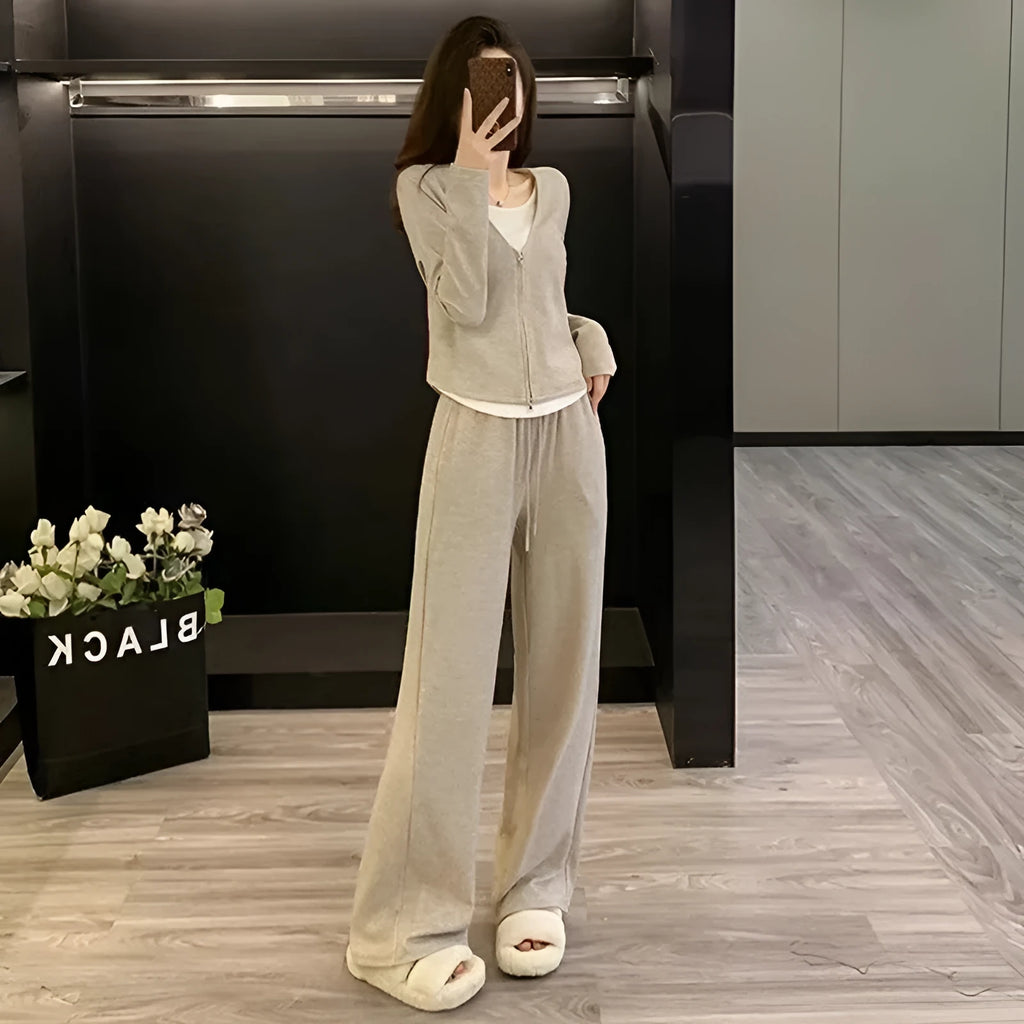 Women's casual sportswear suit solid colour long sleeve top and trousers autumn Japanese Korean style