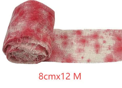 Halloween bloody cloth gauze bandage in red and white polyester fibre, 8cm width for horror decorations