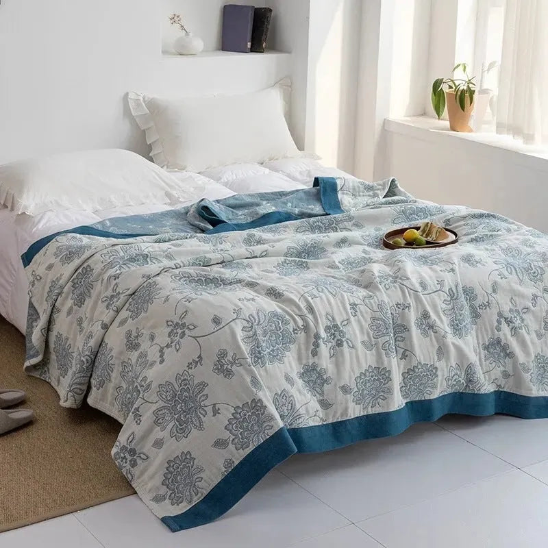 Pure cotton five-layer gauze bed sheet blanket in roulette wheel blue pattern for summer use