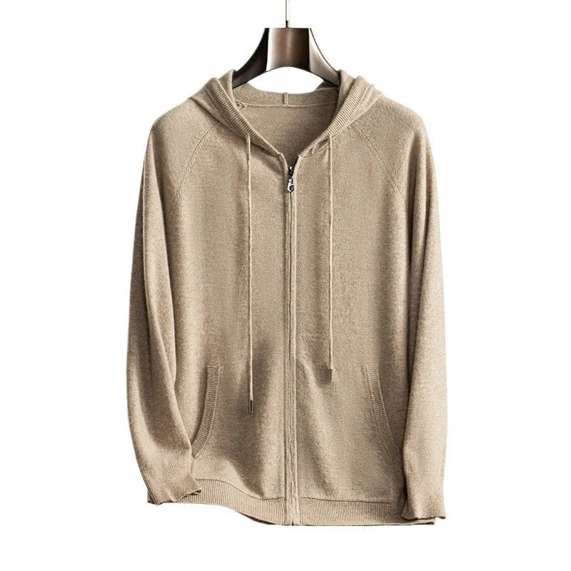 Men's cashmere zip-up knit cardigan jacket in Elegant Camel, loose fit, hooded, front view
