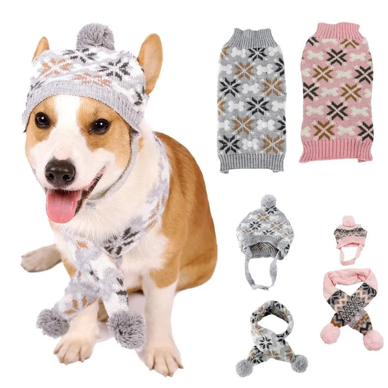 Japanese-style retro jacquard pet sweater set with matching scarf and hat in grey or pink colours